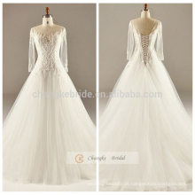 Weiße Spitze Appliqued A-line Brautkleid Langärmelige Rücken schnüren sich oben Hochzeitskleid